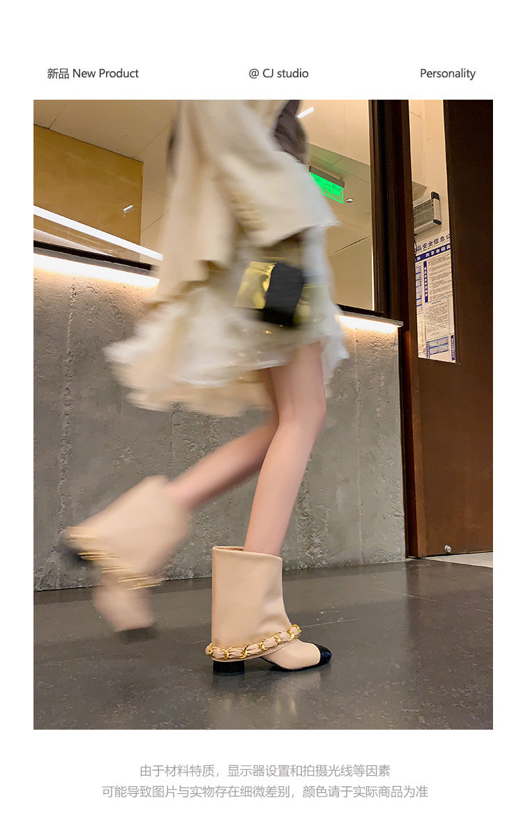 Karin Luna Classic Style Xiangjia Style Chunky Heel Chain Ankle Boots