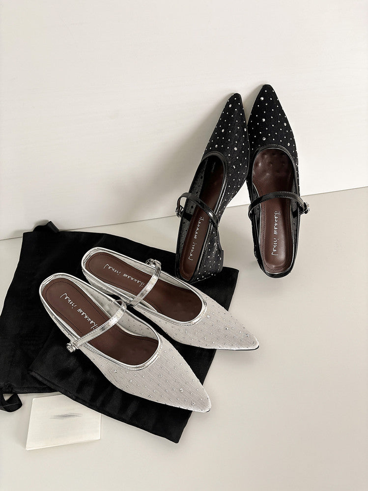 Karin Luna In Stock Spot Goods  Breathable Mesh Fabric Embellished Hand Drill Pointed Toe Slippers
