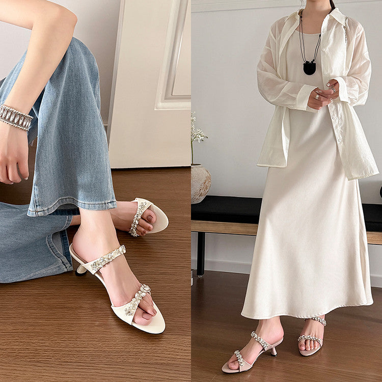 Karin Luna Exquisite Round Toe One-Strap Rhinestone Thin Heel Slippers