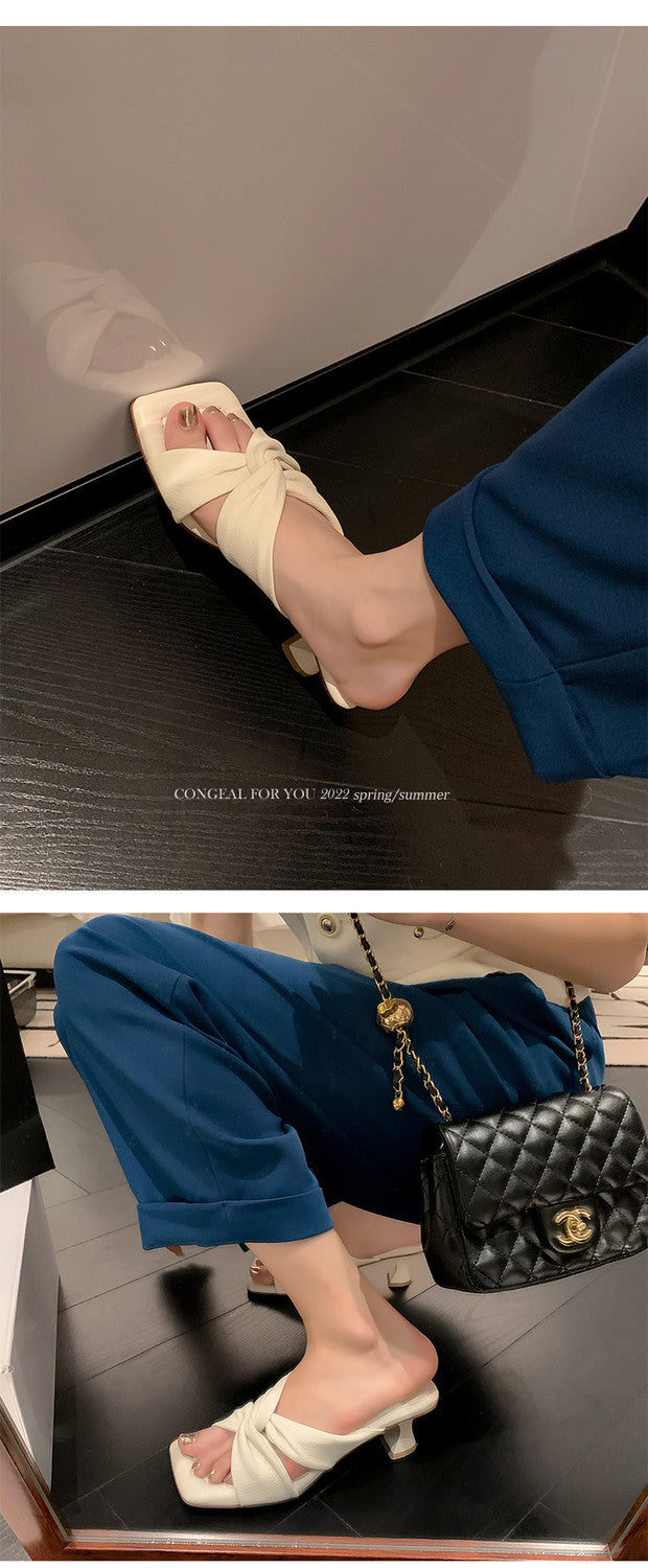 Karin Luna In Stock In Stock  Comfortable Cross Strap  Airy High Heel Square Toe Slippers