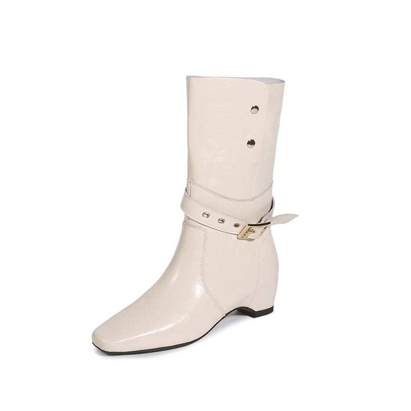 Karin Luna Foldable Belt Buckle Square Toe Hidden Wedge Short Boots