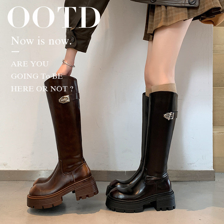 Karin Luna In Stock In Stock  Round Toe Thick Sole Belt Buckle Side Zipper Knight Boots