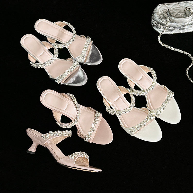 Karin Luna Exquisite Round Toe One-Strap Rhinestone Thin Heel Slippers
