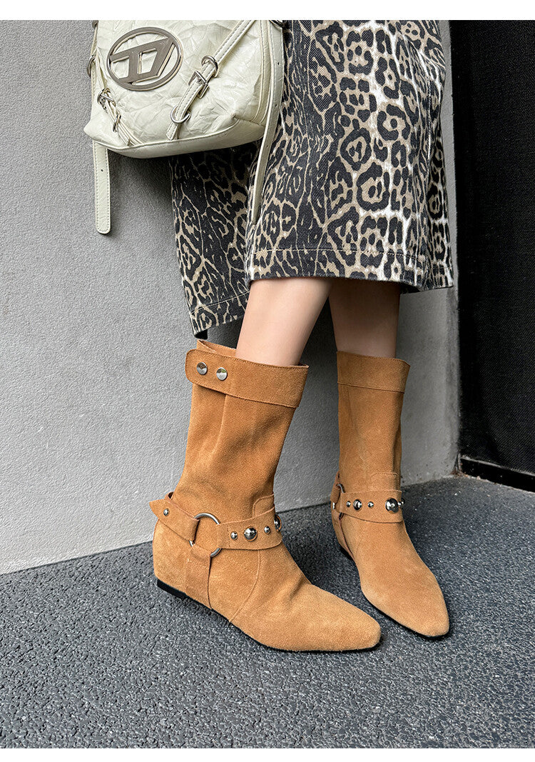 Karin Luna has prepared stock  Hot-Selling Retro Pointed Toe Wedge Metal Buckle High Tube Western Boots