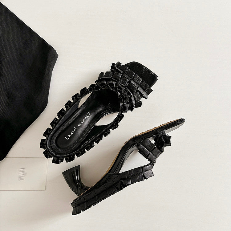 Karin Luna In Stock  Spot Goods  Unique Square-Toe Pleated Lace Sandals