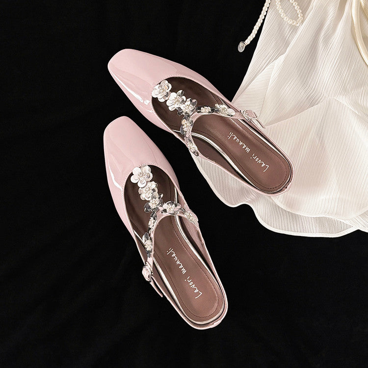 Karin Luna In Stock Spot Goods  T Handmade Sequin Flower Square Toe Height-Increasing Closed-Toe Slippers