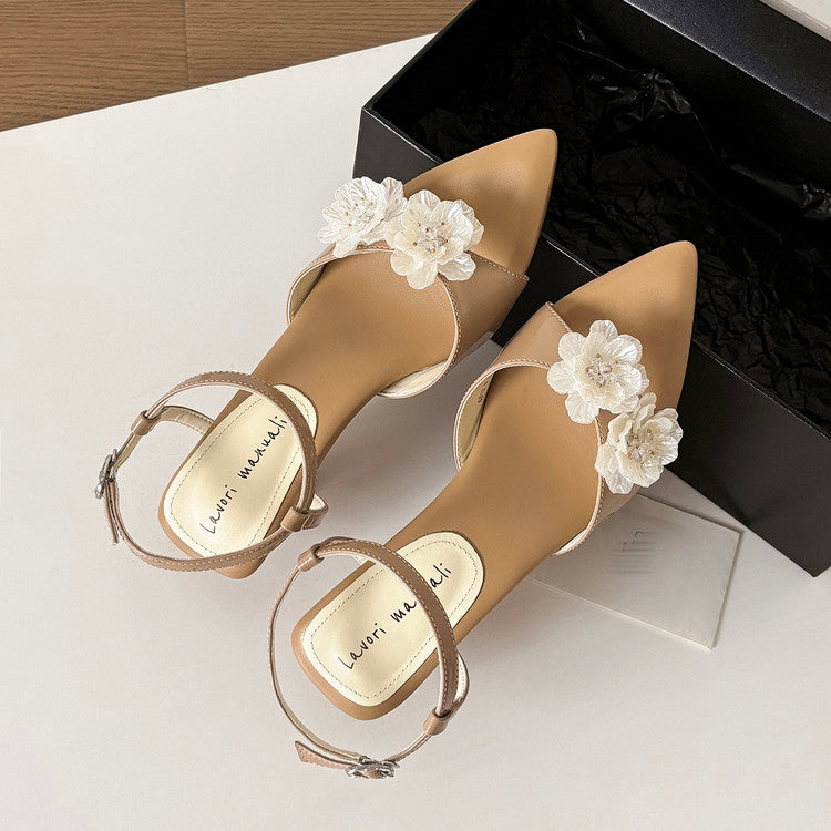 Karin Luna In Stock Spot Goods  Classic Camellia Pointed Toe Elegant Irregular Heel Sandals