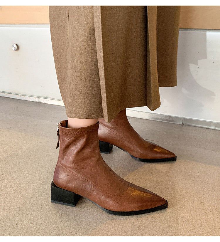 Karin Luna Elegant Style Pointed Toe Chunky Heel Short Boots