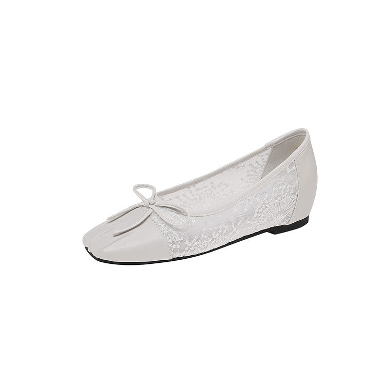 Karin Luna In Stock In Stock  Wrinkled Square Toe Patchwork Breathable Mesh Bow Granny Shoes