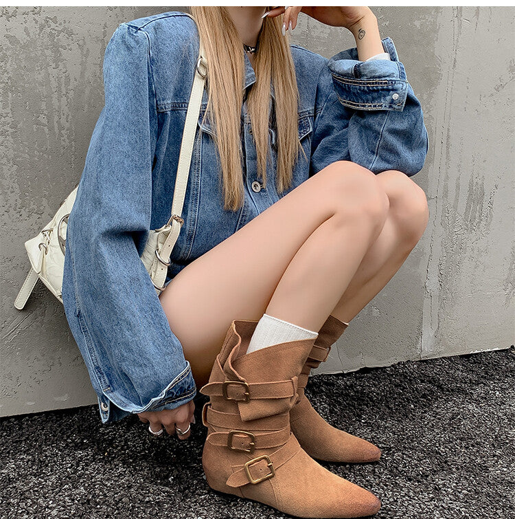 Karin Luna Cow Leather Small Square Toe Belt Buckle Fashion Boots