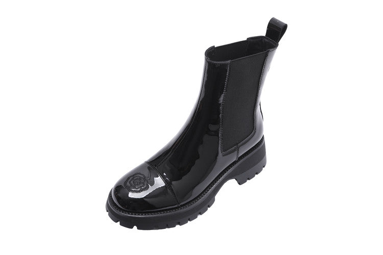 Karin Luna In Stock Spot Goods  Classic Embroidered Camellia Round Toe Thick Sole Chelsea Boots
