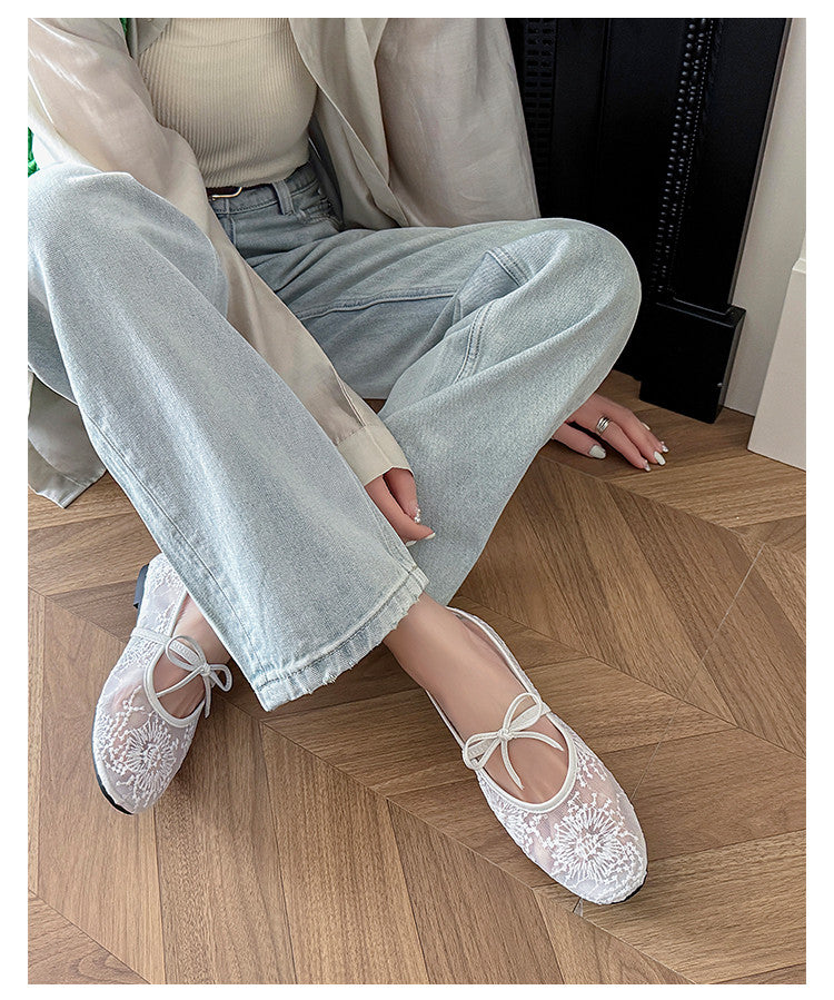 Karin Luna In Stock Spot Goods  Summer Breathable Retro Embroidered Bow Granny Shoes