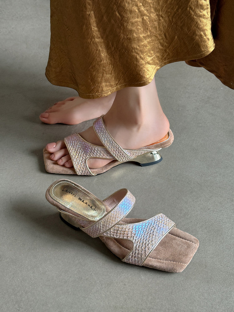 Karin Luna Fish Skin Series~Minimalist Square Toe Popular Irregular Heel Slippers