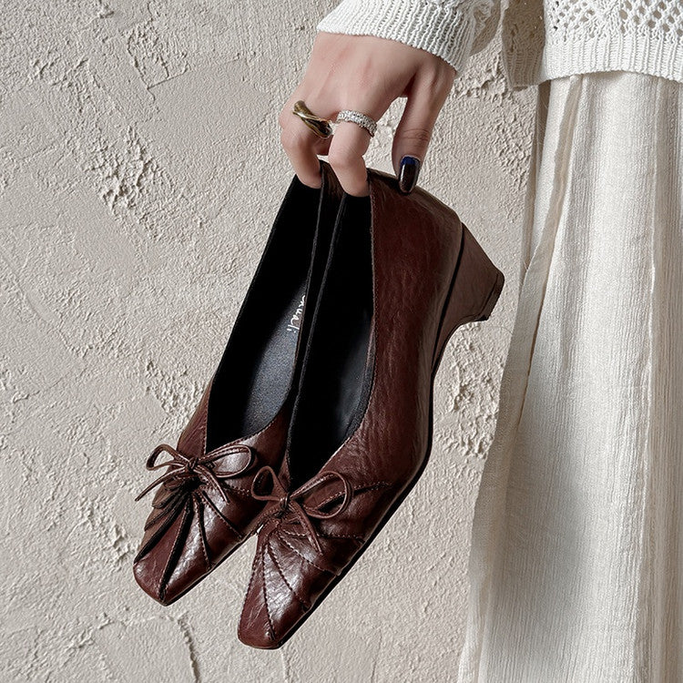 Karin Luna French Style Wrinkled Square Toe Height-Increasing Flats