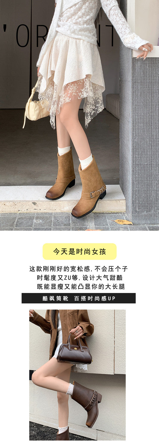 Karin Luna Elegant Style Square Toe Belt Buckle Pants Boot Short Boots