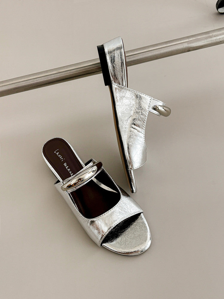 Karin Luna In Stock Spot Goods  Metal Buckle Round Toe Strap Slippers