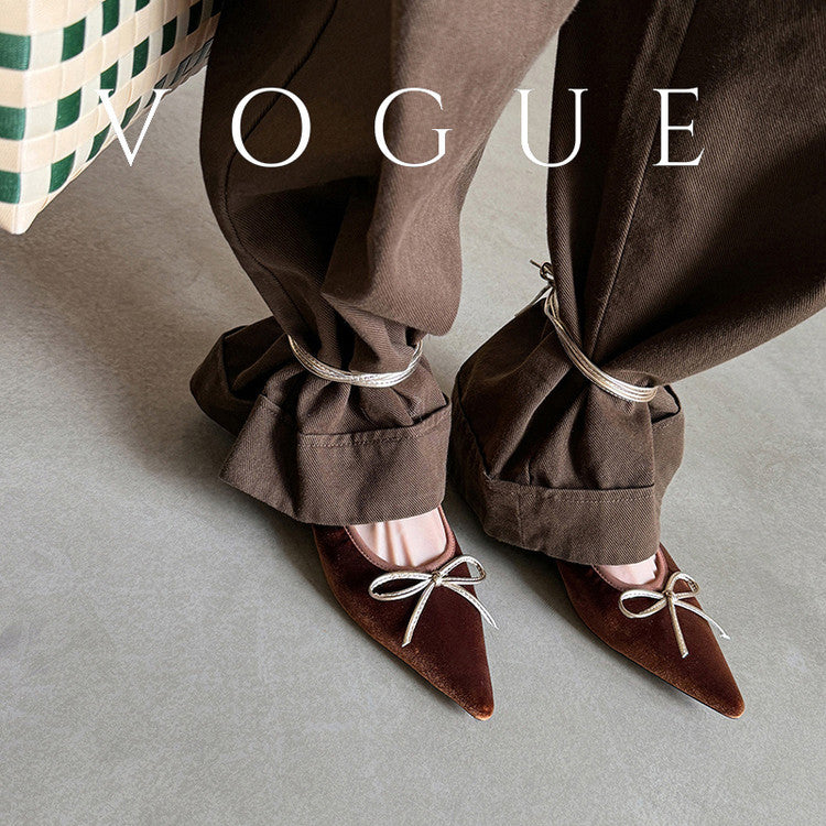 Karin Luna In Stock In Stock Retro Velvet Pointed Toe Bowknot Single Shoes
