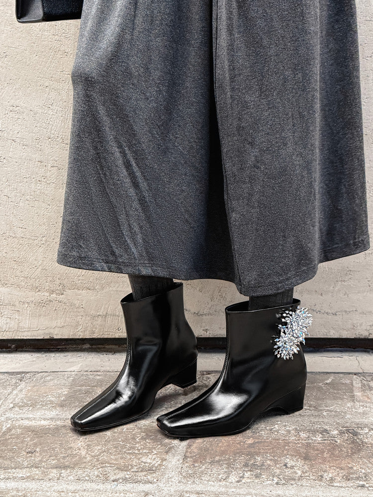 Karin Luna Elegant Style Square Toe Flower Design Height Increasing Short Boots with Two Front and Back Options