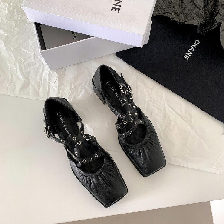 Karin Luna In Stock Spot Goods First Layer Sheepskin Cross Strap Rivet Square Toe Mary Jane Sandals