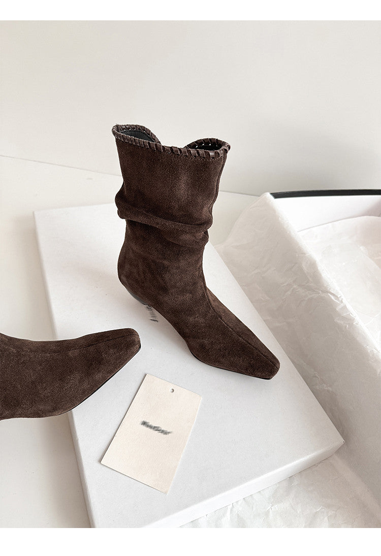 Karin Luna Small Square Toe Retro Ruched Pile Short Boots