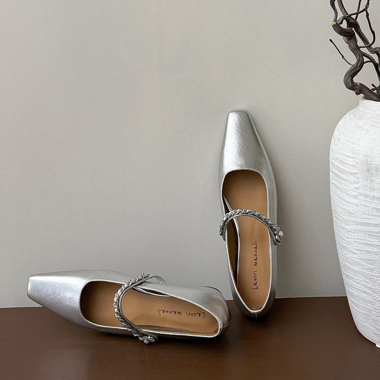 Karin Luna In Stock In Stock ~Metal One-Strap Pearl Small Square Toe Height-Increasing Flats