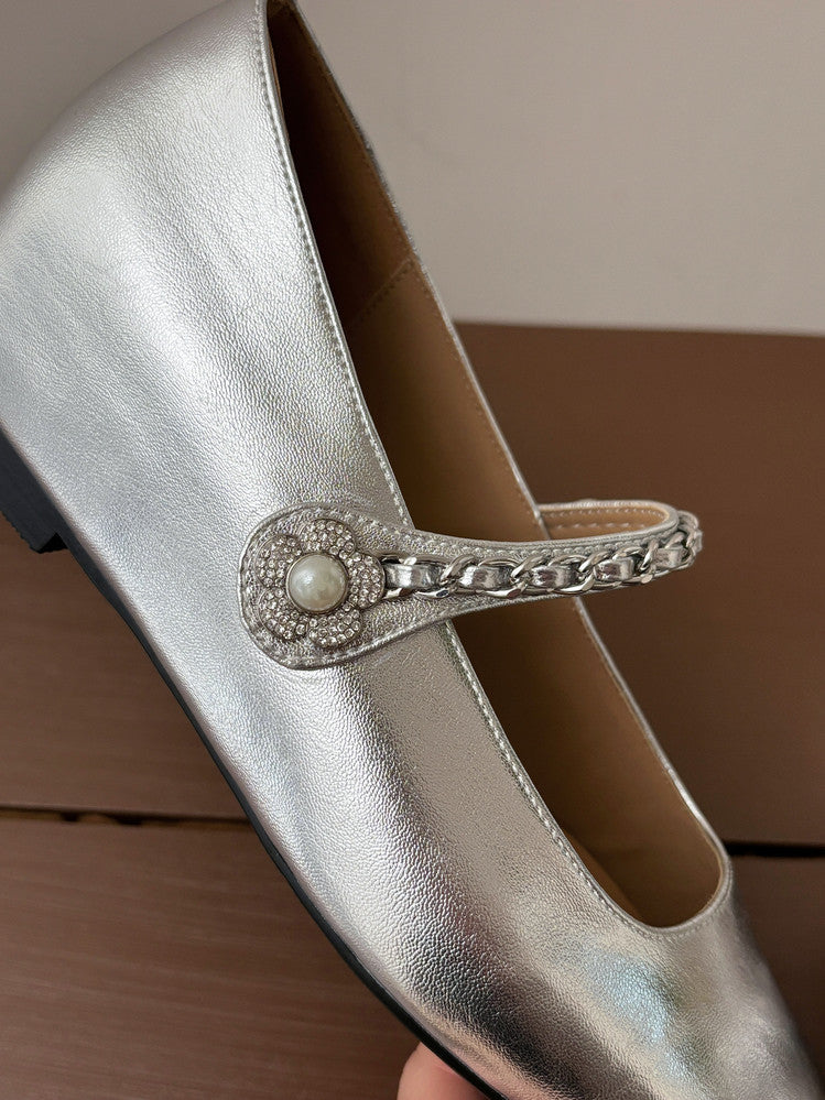 Karin Luna In Stock In Stock ~Metal One-Strap Pearl Small Square Toe Height-Increasing Flats