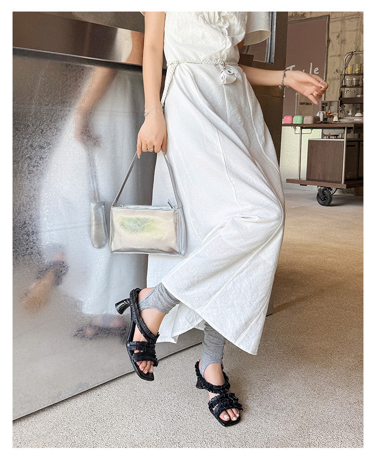 Karin Luna In Stock  Spot Goods  Unique Square-Toe Pleated Lace Sandals