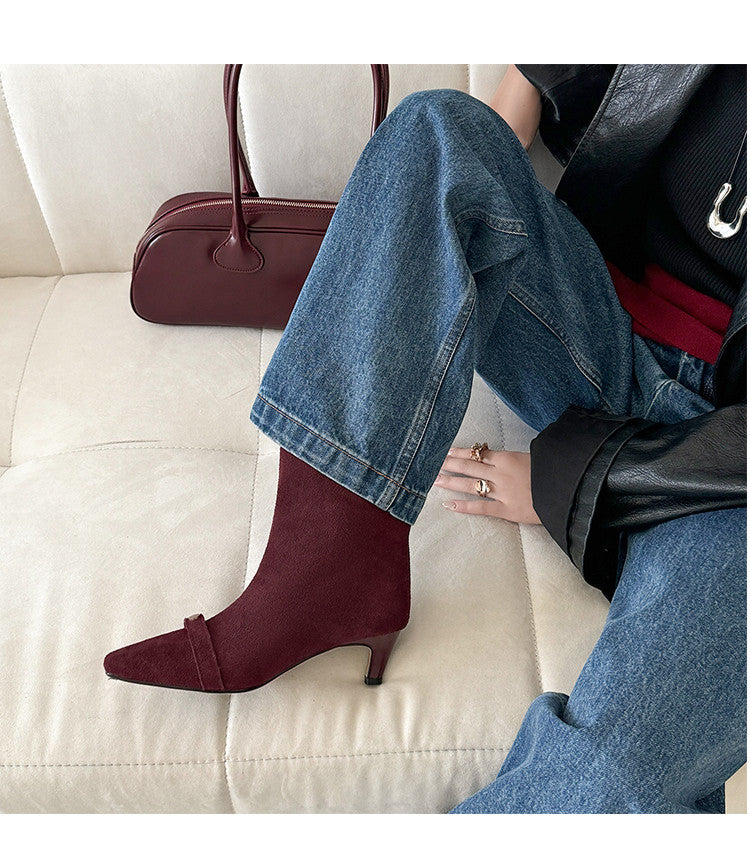 Karin Luna Elegant Style Small Square Toe Belt Buckle Thin Heel Short Boots