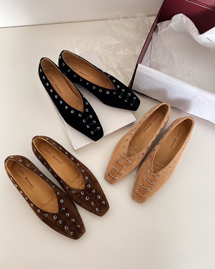 Karin Luna In Stock Spot Goods    Old Money Style Square Toe Suede Flats