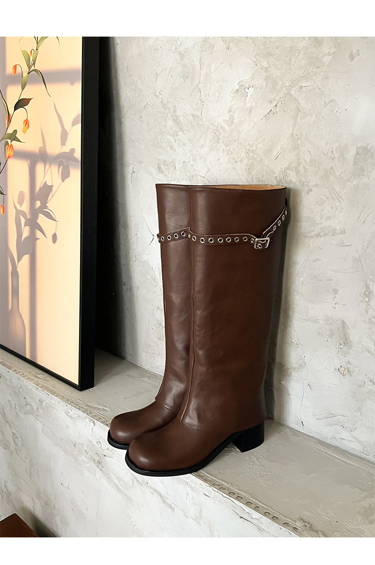 Karin Luna In Stock Spot Goods Belt Buckle Color-Washed Casual Thick-Soled Bootcut Pants Boots