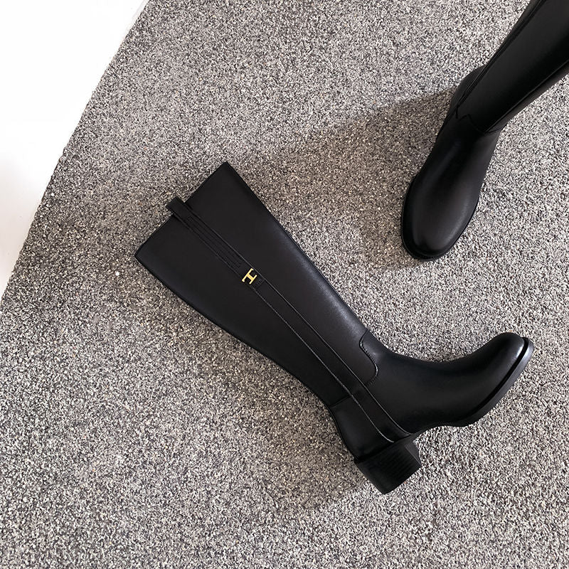 Karin Luna In Stock Spot Goods Basic Retro Square Toe Chunky Heel Riding Boots