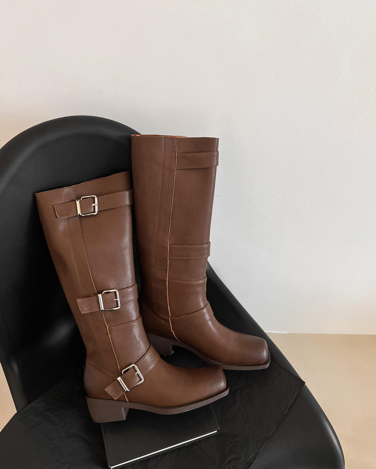 Karin Luna In Stock In Stock European and American Style Square Toe Thick Sole Belt Buckle Long Boots