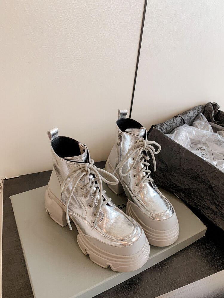 Karin Luna Casual Thick Sole Full Cowhide Lace-up Thick-soled Short Boots   Classic All-Matching