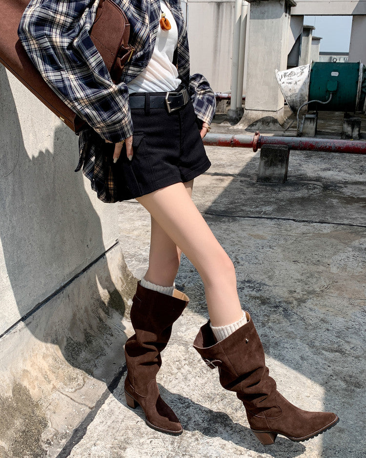 Karin Luna In Stock Spot Goods Retro Cowhide Leather Chunky Heel Suede Long Boots