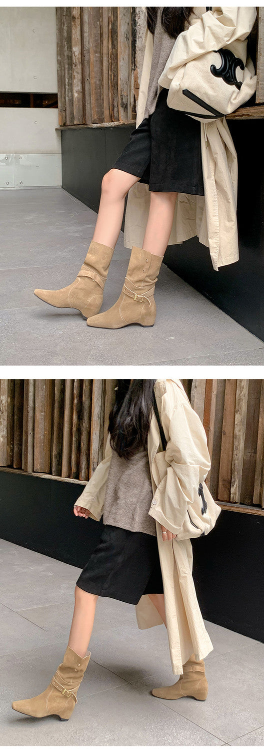 Karin Luna Foldable Belt Buckle Square Toe Hidden Wedge Short Boots