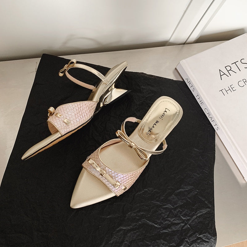Karin Luna Fish Skin Series~Pointed Toe Irregular Heel Bowknot Strap Slippers