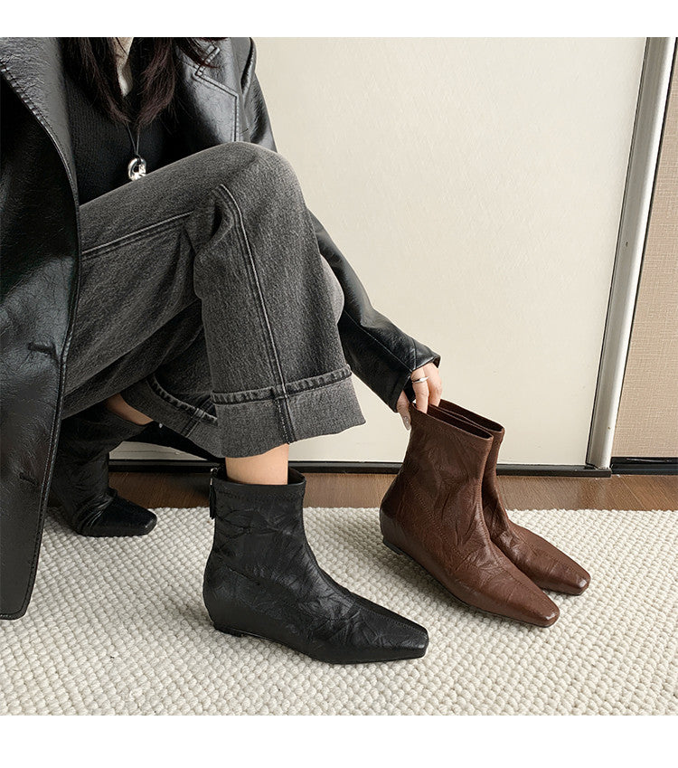 Karin Luna In Stock Spot Goods Slim Series  Hidden Wedge Small Square Toe Back Zipper Short Boots