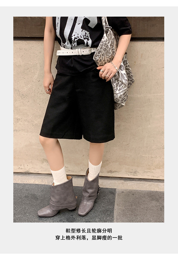 Karin Luna Data Hot Item Square Toe Hidden Wedge Belt Buckle Suede Ankle Boots