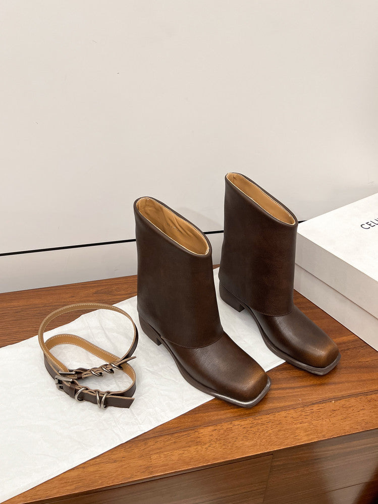 Karin Luna Elegant Style Square Toe Belt Buckle Pants Boot Short Boots