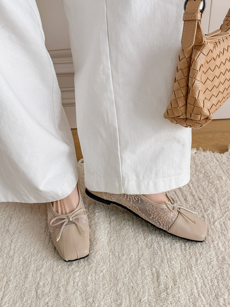 Karin Luna In Stock In Stock  Wrinkled Square Toe Patchwork Breathable Mesh Bow Granny Shoes