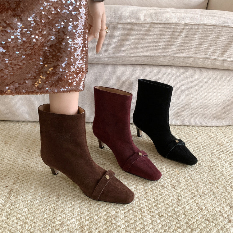 Karin Luna Elegant Style Small Square Toe Belt Buckle Thin Heel Short Boots