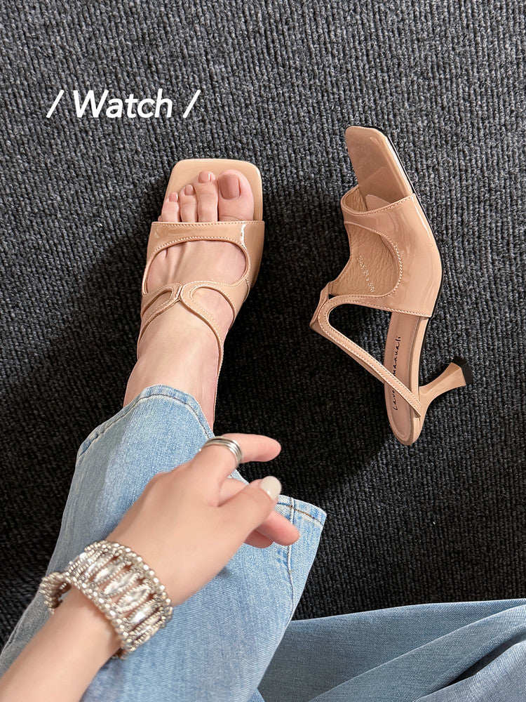Karin Luna French Retro Square Toe Wrap Strap Open-Toe Slippers