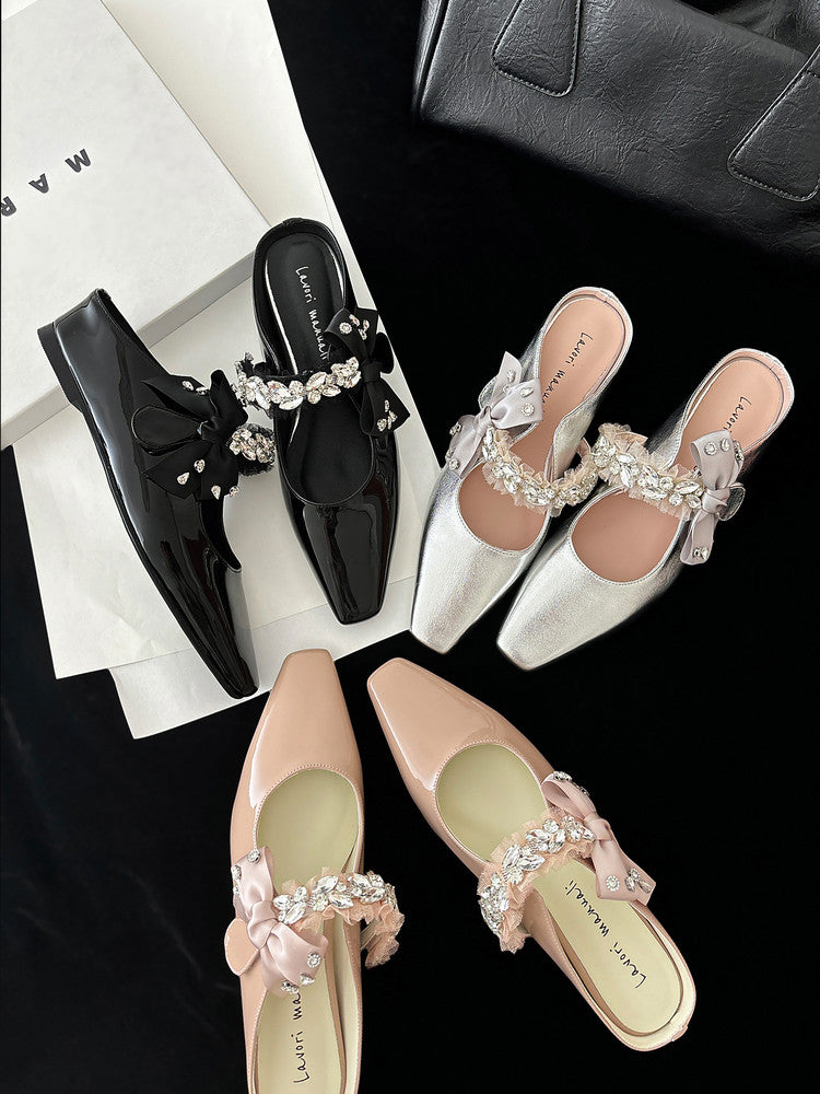 Karin Luna Handmade One-Strap Rhinestone Ribbon Square-Toe Mules
