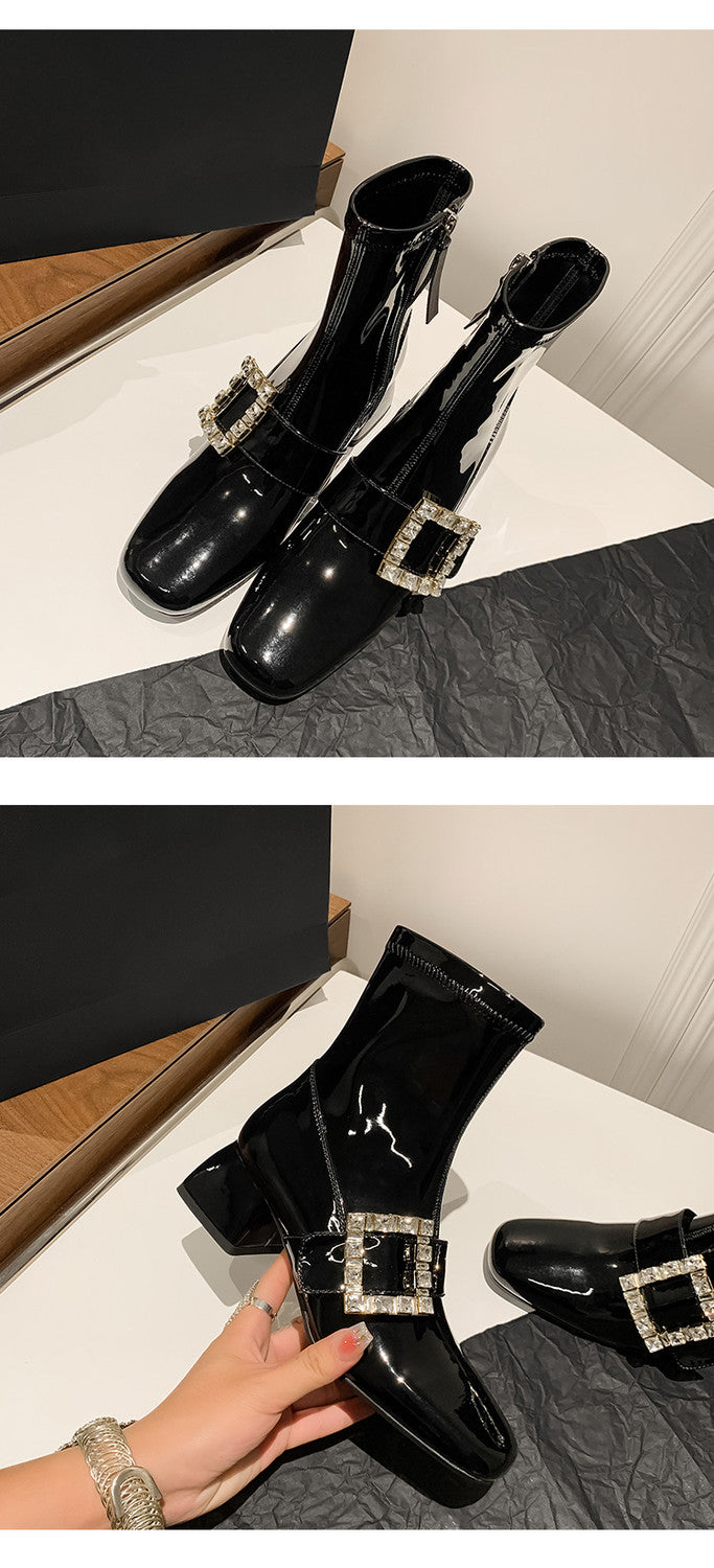 Karin Luna Elegant Style Ultra Slimming Rhinestone Chunky Heel British Style Riding Boots Long Boots