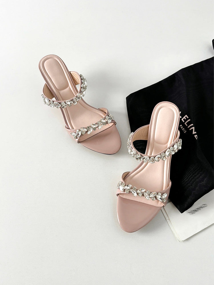 Karin Luna Exquisite Round Toe One-Strap Rhinestone Thin Heel Slippers