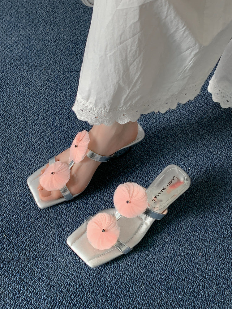 Karin Luna Hot-Selling Floral Square Toe Irregular Heel Floral Slippers