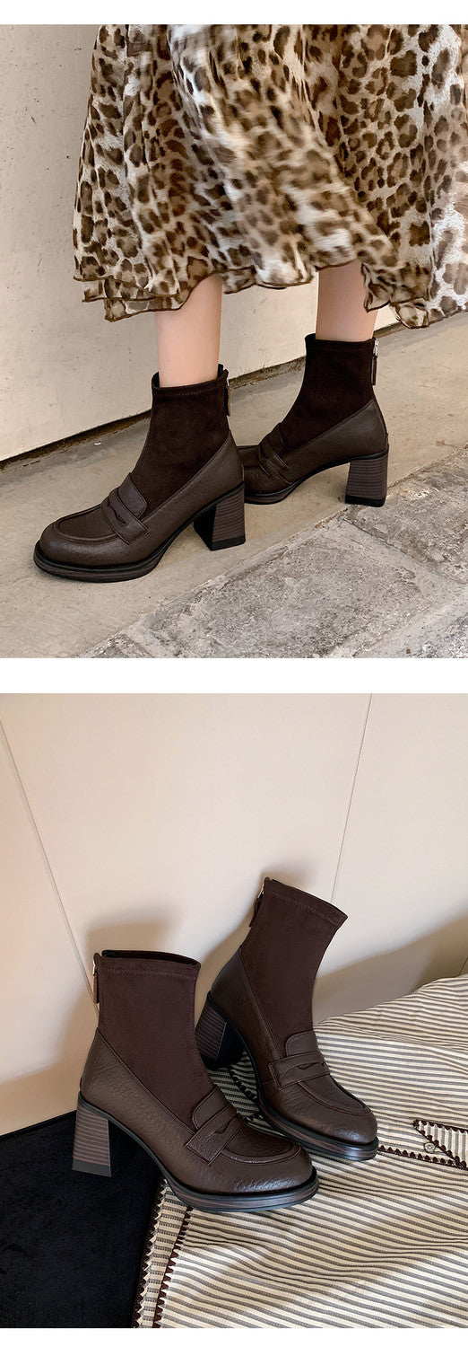 Karin Luna Hot-Selling Element Round Toe Elephant Pattern Elastic Thick Heel Short Boots