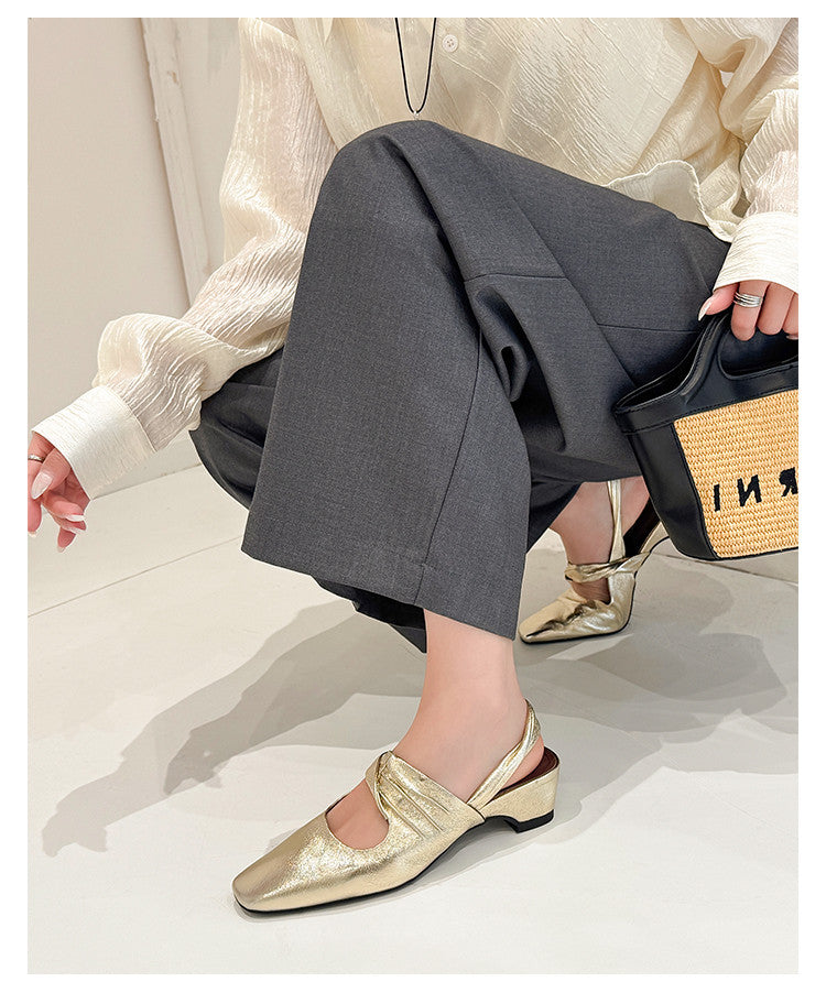 Karin Luna In Stock  Spot Goods Small Square Toe Wrinkled Chunky Heel Closed-Toe Sandals