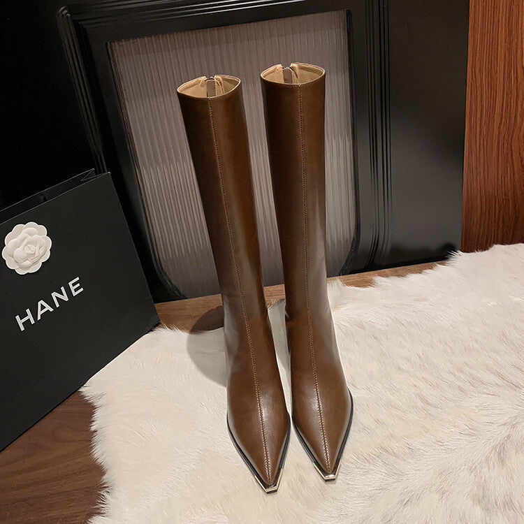 Karin Luna In Stock  In Stock Elegant Metal Pointed Toe Chunky Heel Full Cowhide Leather Riding Boots