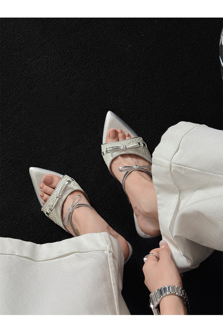 Karin Luna Fish Skin Series~Pointed Toe Irregular Heel Bowknot Strap Slippers